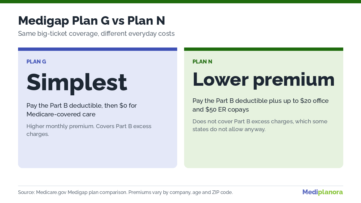Medigap Plan G vs Plan N 2027 comparison of premiums, copays and excess charges